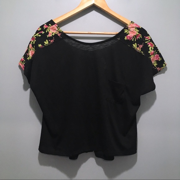 Xhilaration Black Floral Shoulder Button-Back Top - Picture 2 of 6
